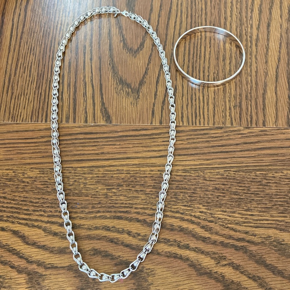 Vintage Monet Silver “Ball & Chain” Necklace with Bangle Bracelet Set Lot Signed